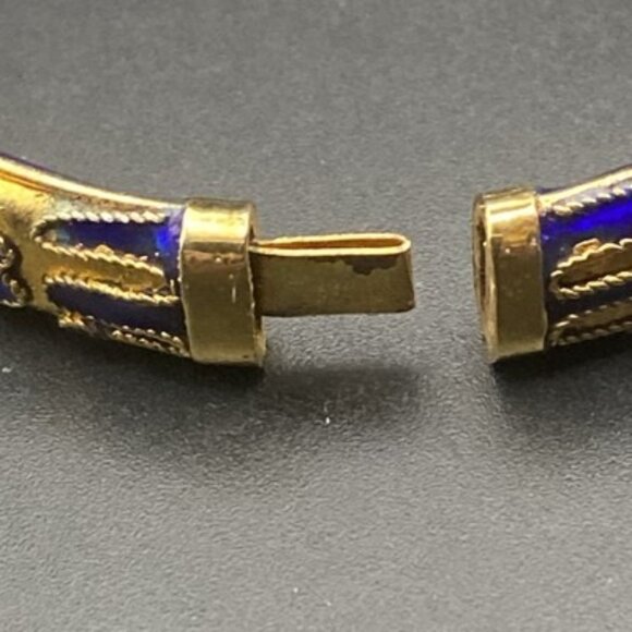 Vintage Cloisonné Bangle Bracelet Blue Gold Floral Motif Enamel Hinged 7"x1/3"w - Picture 14 of 15
